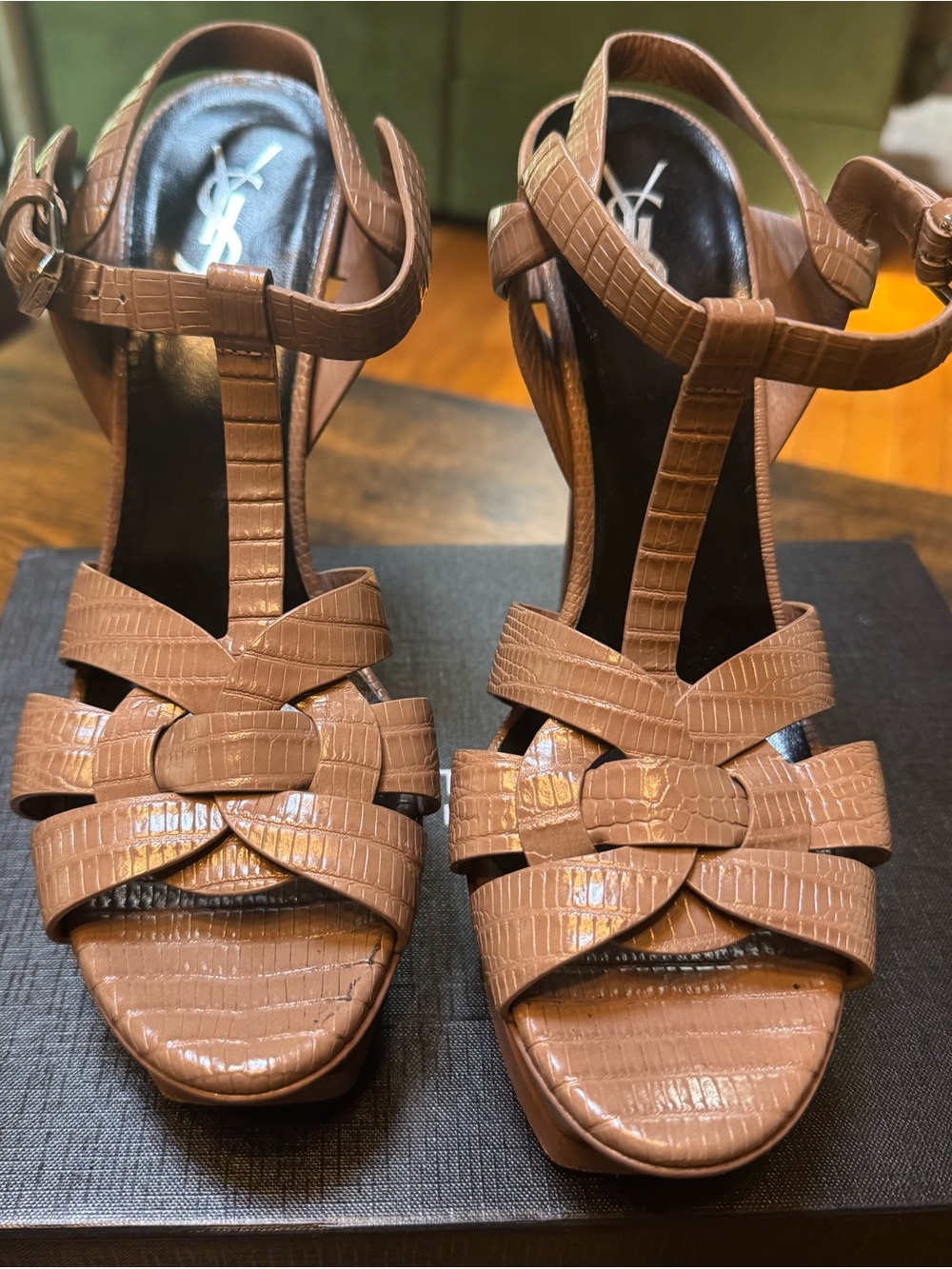 Saint Laurent Tan Croc-Embossed Leather T-Strap Sandals - Picture 10 of 16